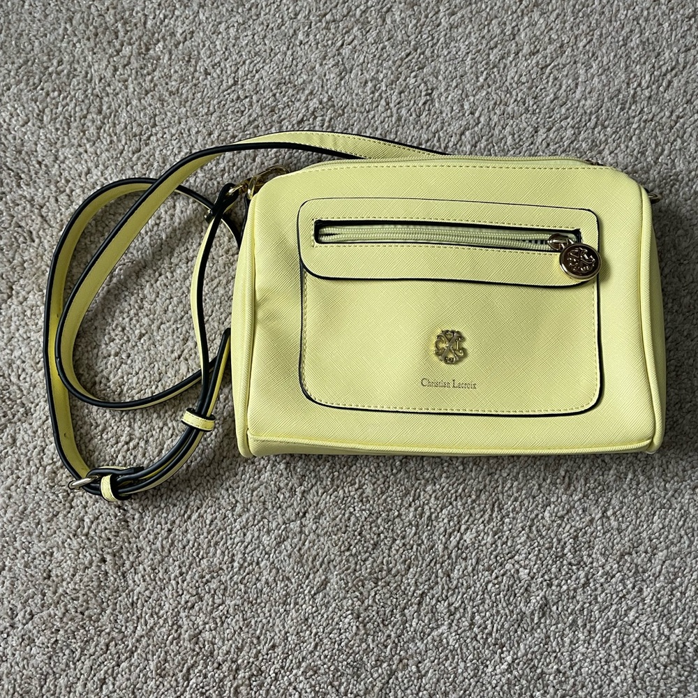 Yellow Christian Lacroix Cross Body Faux Leather Purse with Gold Metal